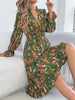 Elegant Floral Print Dresses for Women Autumn Winter Casual V Neck Flare Long Sleeve Ruffled A Line Dress
