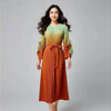 Elegant Gradient Color Pleated Women's Dress Lace Up Design Round Collar Flower Sleeve Famale Clothing 2DB8074
