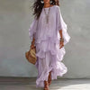 Vintage Solid Tiered Ruffle Mesh Dress Women Crew Neck Loose Batwing Sleeve Sheer Maxi Dress Elegant Holiday Travel Casual Dress