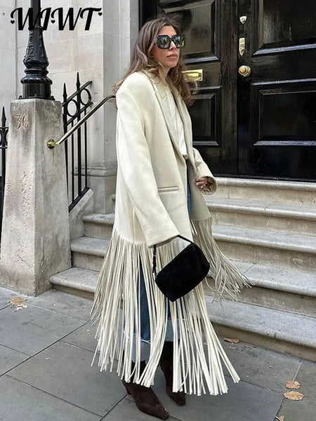Elegant Tassel Woolen Coat Women Turn Down Collar Full Sleeve Pocket Female Autumn Jacket Streetwear Trench Coats
