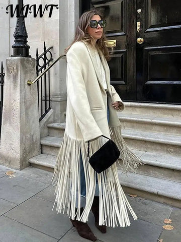 Elegant Tassel Woolen Coat Women Turn Down Collar Full Sleeve Pocket Female Autumn Jacket Streetwear Trench Coats