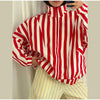 Vertical Stripe Two Piece Outfit Stand Collar Zip Up Jacket Elastic Waist Wide Leg Pants Loose Women Casual High Street Set