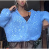 Women Fuzzy Sequin Knit Zip Up Cardigan Stand Collar Long Sleeve Oversized Loose Sweater Jacket Streetwear Outerwear
