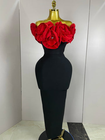 Stereoscopic Red Flowers Sexy Off The Shoulder Ankle Lenght Bandage Dress Woman Birthday Party Vestido Wedding Party Outfit