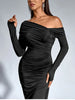 Women's Long Sleeve Asymmetric Neck Long Dress One Shoulder Ruched Bodycon Club Party Maxi Dresses Brown Autumn