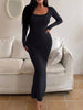 Women's Solid Long Sleeve Bodycon Dress, Chic Basic Minimalist Causual Scoop Neck Long Dress, Womenswear