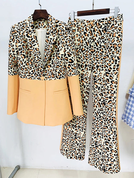 High Street Designer Suit Set Women's Single Button Leopard Printed Color Block Blazer Flare Pants Suit
