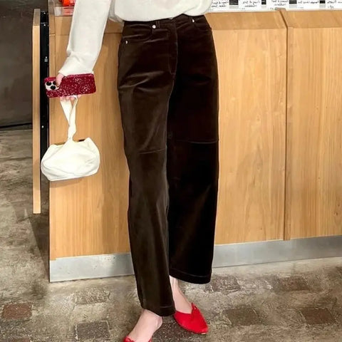 Spring Autumn Pockets Corduroy Pants Women High End Soft Ankle-Length Trousers Loose Straight Brown Casual Pants 634A