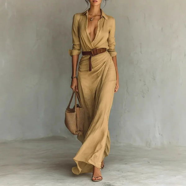 Buttons Draped Chic Party Dress Spring Autumn Women Turn Down Collar Simple Maxi Dress Long Sleeve Elegant Ladies Dress
