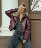 Wine Red Faux Leather Jakcet Outerwear Thicken Zipper Lapel Pu Coats Autumn Winter Streetwear Ladies Tops Women