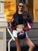 Zip Women Varsity Jacket Faux Leather Patchwork Cinched Waist Autumn Wild Street Hipster Uniform Crop Coat