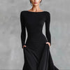 Autumn Simple Elegant Black Long Dresses for Women Boat Neck Long Sleeve Slim Fit Temperament Female Style Dress