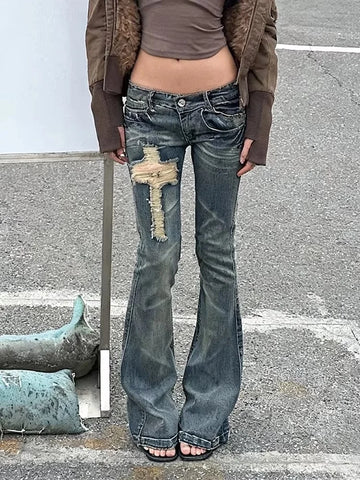 Women Y2K Low Rise Flare Jeans Vintage Washed Cross Patch Distressed Grunge Slim Bootcut Denim Pants Streetwear