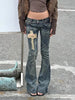Women Y2K Low Rise Flare Jeans Vintage Washed Cross Patch Distressed Grunge Slim Bootcut Denim Pants Streetwear