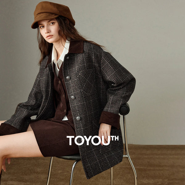 Women Coat Winter 100% Sheep Wool Corduroy Plaid Patterned Patchwork Woolen Coat
