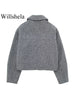 Women With Pockets Grey Front Zipper Jackets Vintage Lapel Neck Long Sleeves Female Chic Lady Outfits