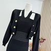 Commuter Knitted Dress Spring Autumn Elegant Two Pieces Set Hip-wrapped Short Striped Cardigan And Dress J408
