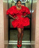 Red Puff Sleeve Mini Dress Women Sweetheart Neck Ruffle Trim Balloon Hem Bodycon Party Club Evening Cocktail Dress