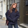 Elegant Stand Collar Woolen Jacket For Women Y2k Single Breasted Button Casual Coat Lady Autumn Winter Street Chic Outwear