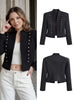 Women Vintage Napoleon Jacket Stand Collar Double Breasted Slim Black Cropped Outerwear Autumn Formal Commuting Office Wear
