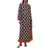 Geometric Print Women Maxi Dresses Long Flare Sleeve Feather Fringe Trim Side Slit Dress Elegant Party Vintage Ladies Dress