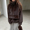 Women Dark Brown Faux Fur Coat Stand Neck Zipper Loose Solid Pullover Spring Chic Lady Casual High Street Outwear