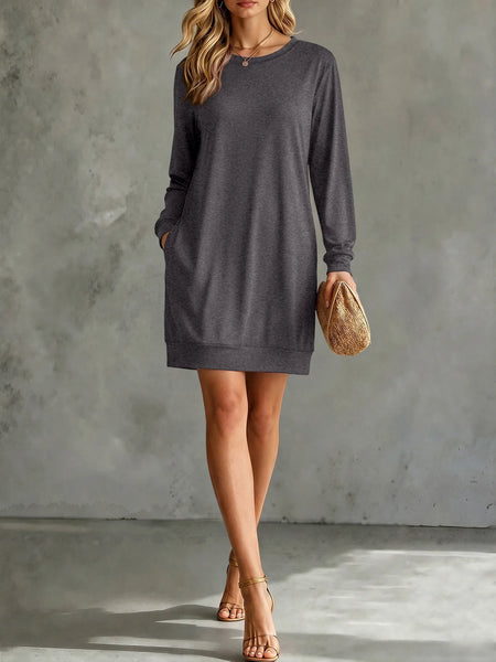 Simple Solid Color Women Sweatshirt Dress Crew Neck Long Sleeve Loose Fit Mini Dresses With Pockets Street Outfit