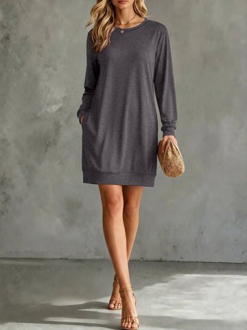 Simple Solid Color Women Sweatshirt Dress Crew Neck Long Sleeve Loose Fit Mini Dresses With Pockets Street Outfit