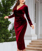 Elegant Velvet Bodycon Dress Women Sexy Wrapped V-neck Long Sleeve Ruched High Waist Midi Dress Party Cocktail Dresses Vestidos