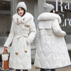 White Fur Collar Down Cotton Parkas Padded Coat Women Winter Long Over The Knee Waist Warm Thick Parkas Coat