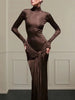 Turtleneck Long Sleeve Bodycon Dress Women Tight Elastic Lace-up Maxi Dresses Winter Evening Party Curvy Robe Red Brown