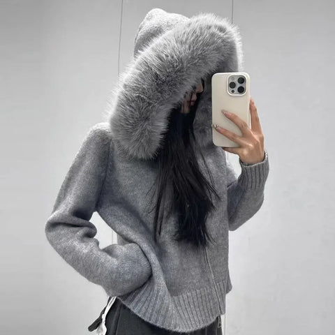 Knitwear Cardigan Women Spring Knitted Jacket Female Autumn Hooded Real Fox Fur Coat Natural Short Fur Coat Casual