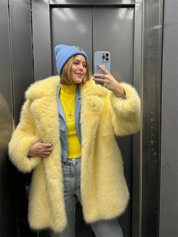 Faux Fur Women's Coat Turn down Collar Long Sleeve Button Pocket Soft Overcoat Thick Warm Winter Outerwear for Ladies
