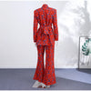 Geometric Printed Blazer Jacket Pants Sets Women Shoulder Pads V Neck Lace Up Full Sleeve Jackets Flare Pant Lady Outfit