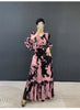 Abstract Print Ruched Womens' Pleated Dress Ruffle Sleeve Pleated Chiffon Long Dresses Party Outfit 2DB7460