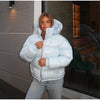 Chic Shiny Hooded Cotton Jacket With Belt Women Elegant Long Sleeve Zipper Lace Up Coats Lady Winter Street Warm Outerwear