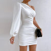 Irregular One Shoulder Short Dresses Women Loose Sleeves Diagonal Collar Chic Design Dress Autumn Sexy Wrap Hip Ruched Dress