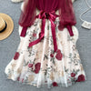 Senior Knitted Patchwork Dress Long Lantern Sleeves Bow Mesh Embroidery Floral Women Autumn France Elegant Party Dress