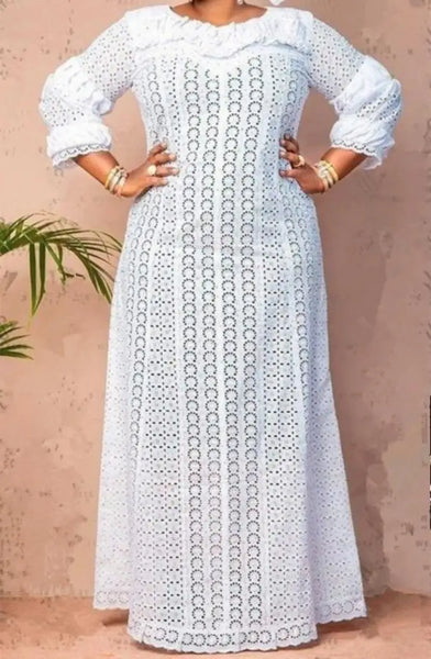 Elegant African Elegant Dresses for Women White Hollow Out Muslim Abayas Dashiki Robe Kaftan Long Maxi Dress M-5XL