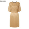 Elegant Women Dresses Lace Patchwork Satin Knee-Length Robes Femme O-Neck Half Sleeve Fitted Waist Vestidos