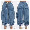 Women Streetwear Drawstring Fly Denim Pants Autumn Loose Safari Style Cargo Harem Hip Hop Jeans