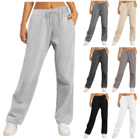 Women's Winter Sweatpants Solid Color Casual Fleece Sweatpants Outdoor Travel Camping Wide Leg Straight Pants