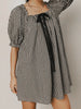 Women Gingham Plaid Mini Dress y2k Babydoll Short Dress Puff Sleeve Square Neck Cute Silky Bow Tied Loose Dresses