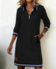 Autumn Winter Versatile Women's Dress Casual Contrasting Color Splicing Lapel Long-sleeved Loose Dress With Pockets