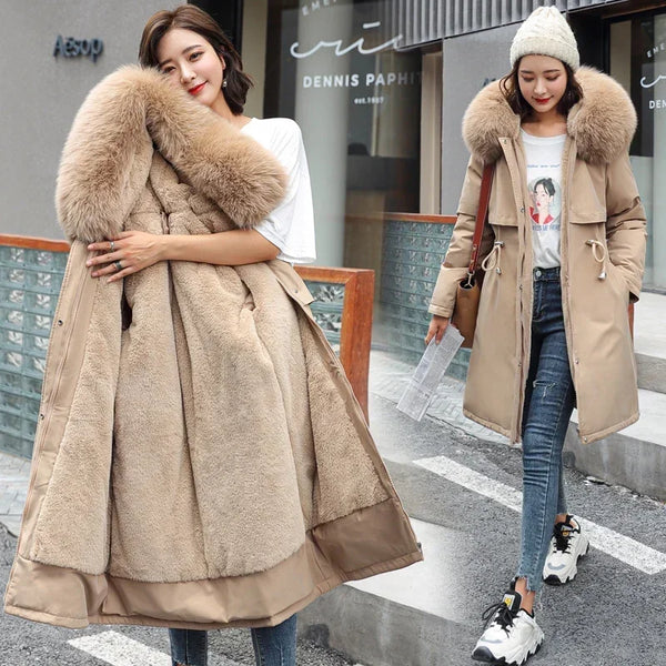 Cotton Liner Parker Women Long Coat Parka Coats Adjustable Waist Fur Collar Winter Jacket Coat Medium Long Hooded Parka Jackets