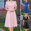 Women Silky Satin Party Midi Dress Elegant V-Neck Short Puff Sleeve Belted A-Line Dress Graceful Cocktail Vestidos Mujer