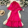 Stand-up Collar Dress Women's Autumn Pleated Ruffle Edge Hem Strap Waist Light Mature Loose Long Dress