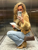 Women Suede Faux Fur Trim Jacket Fur Lapel Collar Cuffs Double Breasted Fitted Waist Long Sleeve Coats Vintage Warm Winter Coat
