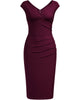 Women Vintage Cap Sleeve V-Neck Ruched Slim Knee Length Cocktail Party Wrap Sheath Bodycon Pencil Dress