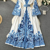 Retro Court Style Printed Dress Women Autumn Winter Flared Sleeve Vintage Long Dresses Ladies Slim Autumn Winter Long Robe